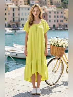 Anthropologie Maeve Lemon Green High-Low Midi Dress